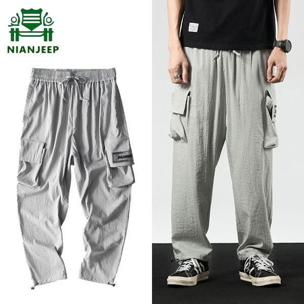 

streetwear casual pants men loose hip hop multi-pocket wide leg trousers male japanese harajuku straight joggers thin sweatpants, Black