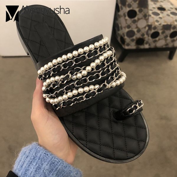 

pearl strings slippers women designer metal chains flip flops female clip toe beading slides femme pantoufles 2020, Black