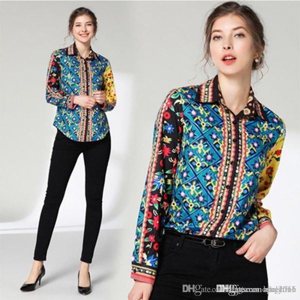 

women's shirt casual hepburn wind summer fashion shirt print polo collar print slim long sleeve joker long sleeve button shirt e14, White