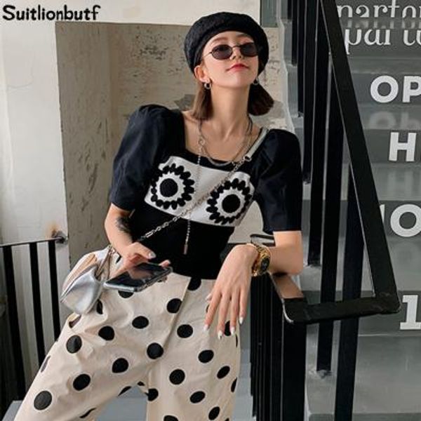 

korean 2020 summer women knitted patchwork sweater vintage print puff sleeve pullover jersey femme e girl vadim elegant pull top, White;black