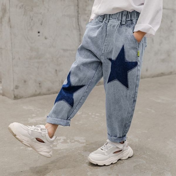

2020 new korean style boys' star jeans casual panty jeans children's pants medium and large children's simple casual pants fa, Blue