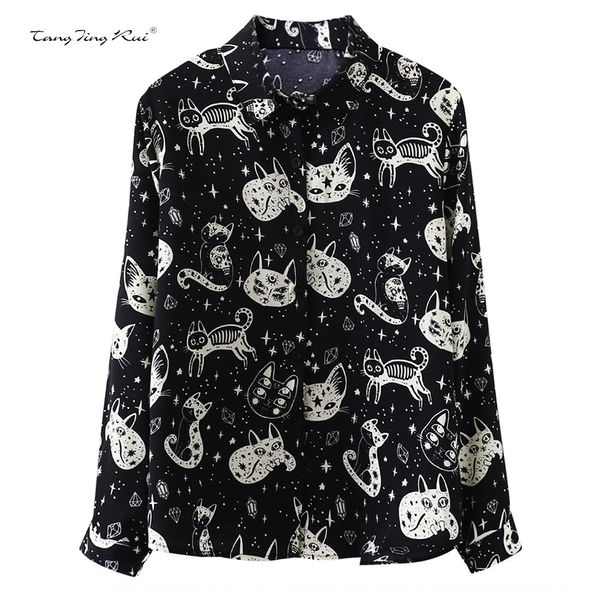 

spring long sleeve printed for women 2020 shirt new loose abstract kitten printed shirt for women jr170, White