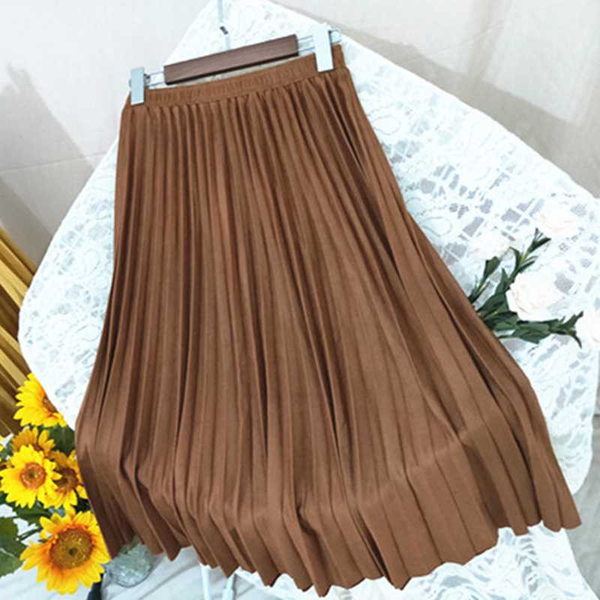 

2020 new deer velvet skirts female pure color elastic waist long pleated skirt restoring ancient ways female girl, Black