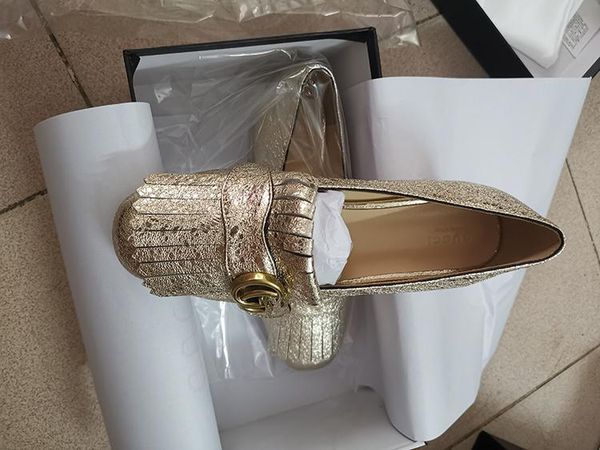 

golden goat leather metal decoration shoes lady 2.5cm low heeled leather shoe single shoe square head ruffled coarse heeled leather shoe, Black