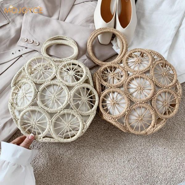 

handmade summer beach women straw shoulder bag ladies round hollow travel daily woven handbag holiday knit cotton linen totes