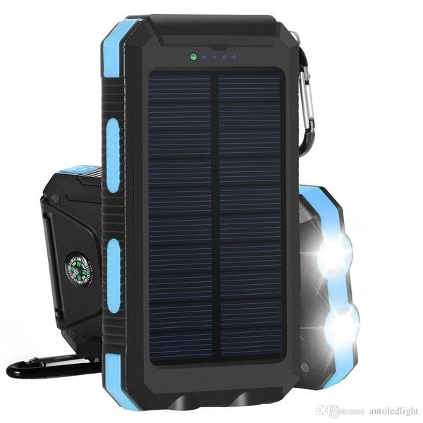 

portable solar charger solar power bank 10000mah external backup battery pack dual usb solar panel charger with 2led light carabiner compass