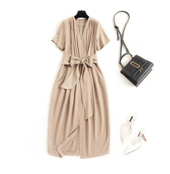 

casual dresses summer elegant dress 2021 woman clothes fashion short sleeve v neck solid sashes office lady midi vestidos, Black;gray