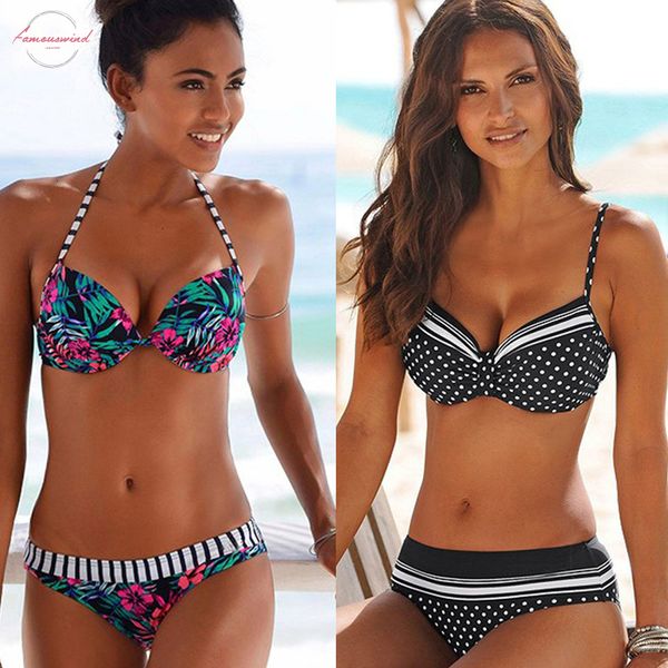 

dot bikini push up 2 piece swimsuit striped women swimwear beachwear 2020 halter print bikinis bathing suit female maillot de bain femme, White;black