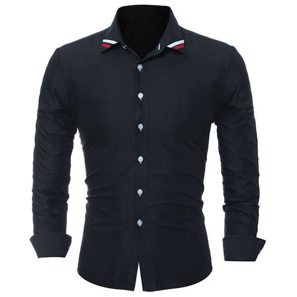 

new 2020 fashion spring autumn solid color young men classic striped ribbon slim fit camisas masculina mens clothing, White;black