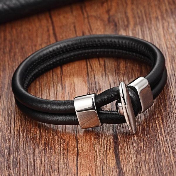 

2020 stainless steel chain bracelets men genuine leather bracelets black color leather bracelet for women with toggle-clasps, Golden;silver