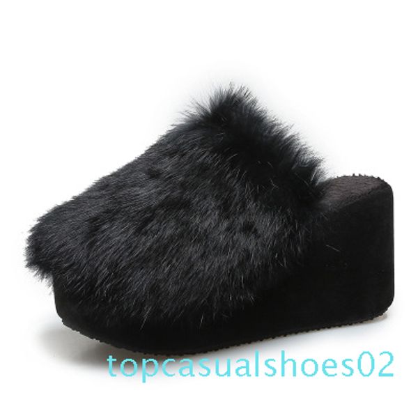 

2020 winter new casual wild thick bottom warm cotton slippers word plus velvet slope with female slippers t02, Black