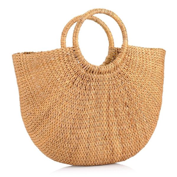 

natural chic hand-woven round handle ring straw tote retro large casual summer women beach handbags