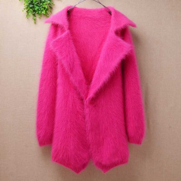 

2020 mujer femme new fashion medium-long slim red coat long sleeves plush mink cashmere sweater cardigans overcoat jackets, White