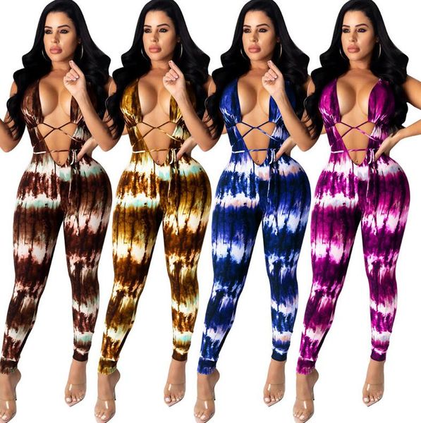 

women bodysuit jumpsuits rompers deep v neck legging pants color printed lace up front baring onesies night club party outfits cz80302, White