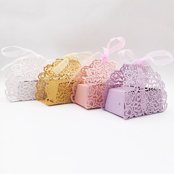 

10pcs/set rose flower shaped laser cut hollow carriage favors gifts candy boxes with ribbon baby shower wedding party supplies