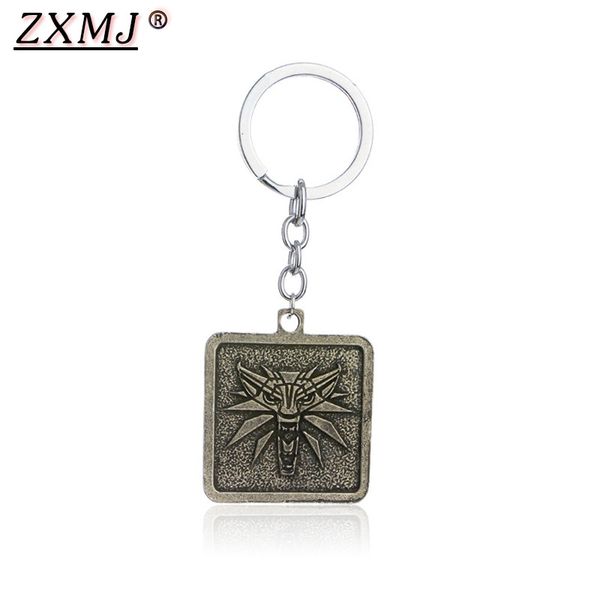 

zxmj wizard 3 wild hunt keychain metal square wolf head pattern keyring gaming peripherals retro car pendant for men fans gift, Silver