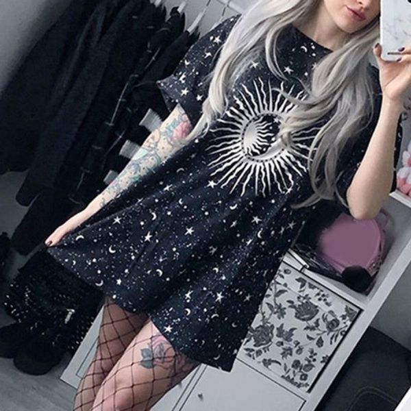 

loose long female t-shirt moon star printed casual t shirt women streetwear short sleeve t shirts summer slim t-shirt 2020, White