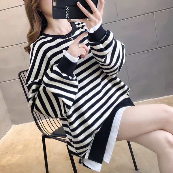 

patchwork striped sweatshirts women 2020 autumn casual loose long sleeve korean harajuku pullovers ladies oversized streetwear, Black
