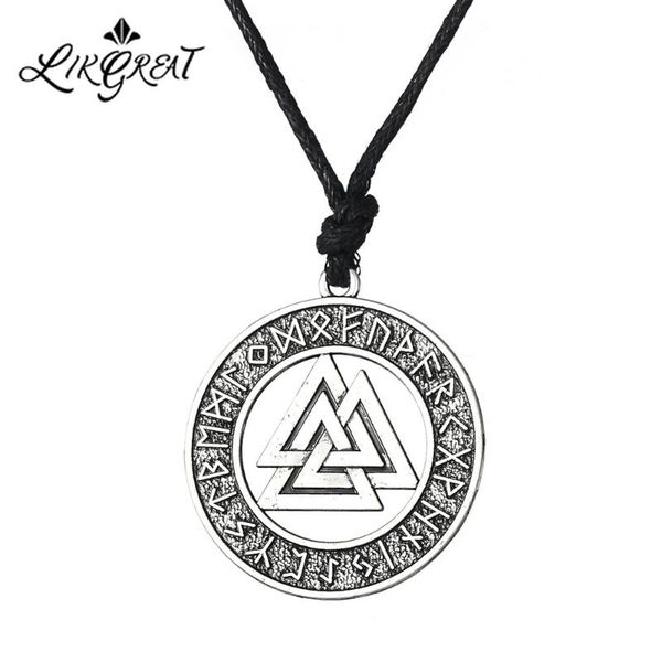 

likgreat vintage regilious jewelry male female witchcraft necklace round runes scandinavian valknut pendant necklace rope link, Silver