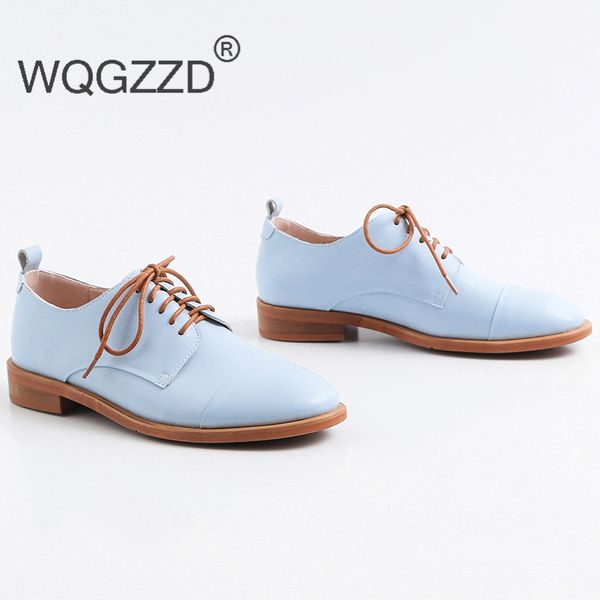

2020 spring summer new genuine leather oxford shoes women's casual shoes retro round toe lace up flat women's oxford, Black