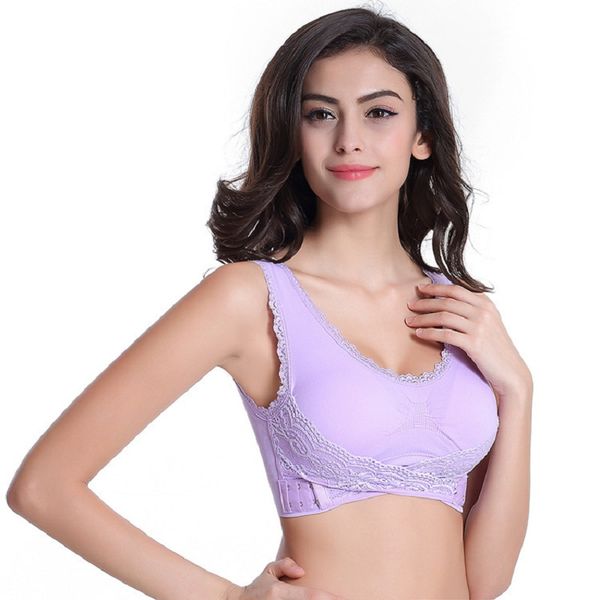 

lace bra women underwear lingerie lace solid color front cross side buckle wireless push up breathable sleep sports bra, Red;black