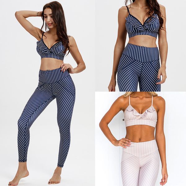 

yoga outfits 2021 women suit striped print sling bra cropped pants fitness sports gym leggings 2 piece set sportswear, White;red
