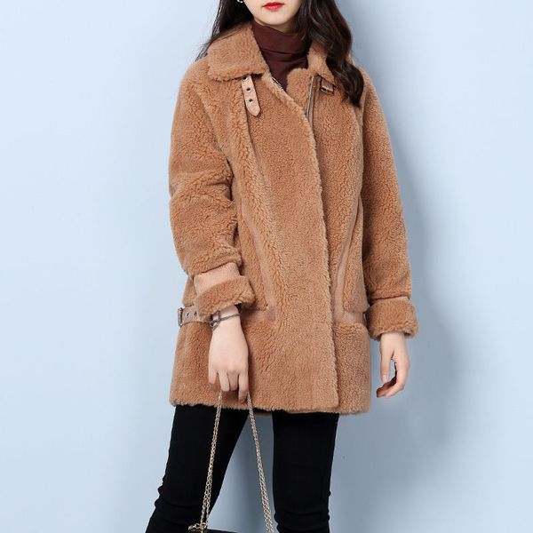 

2020 women autumn winter wool fur composite wool fur coat warm female natural sheep shearing motorcycle outewear jacket a215, Black