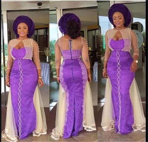 

2020 formal evening dress sheer neck mermaid prom dresses beads tulle nigerian women evening party gowns aso ebi plus size, Black;red