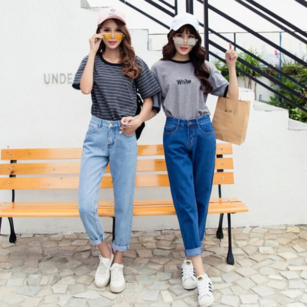 

spring and autumn jeans new loose high waist student female jeans fashion casual wild solid color female, Blue