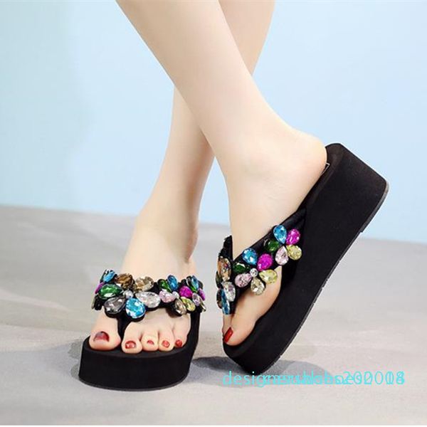 

cosmagic fashion handmade rhinestone wedge slipper flip flops 2019 new women summer casual beach platform high heel slide c14, Black