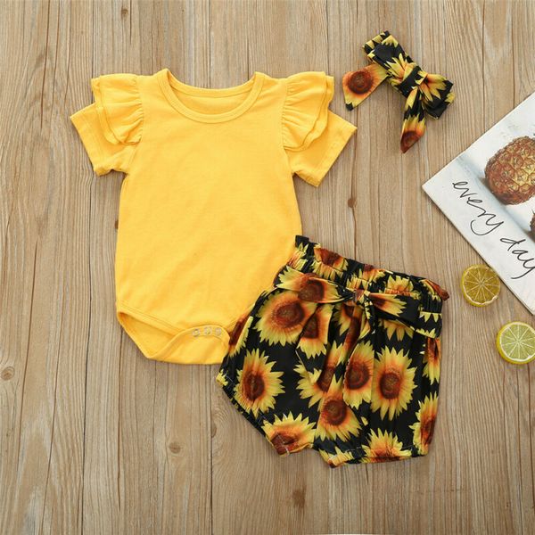 

newborn baby girl clothes romper bodysuit shorts pants headband sunflower summer outfits set, White