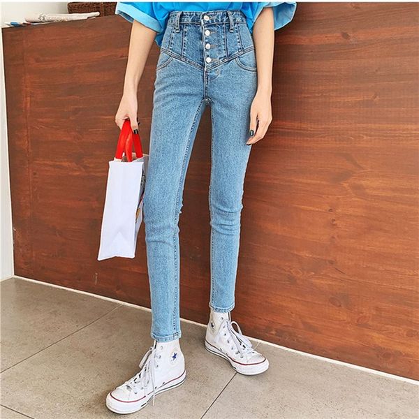 

women's jeans 2021 korean version of the high-waisted single-breasted slim stretch, Blue