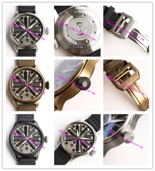 

new iw501005 black date aircraft engine shape dial automatic mens watch bronze case nylon strap sapphire men's watches, Slivery;brown