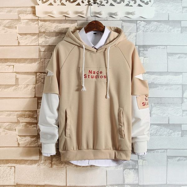 

korean style hooded loose pullover sweater men's long sleeve pullover autumn new fashion men's student fake two-piece sweater, Black