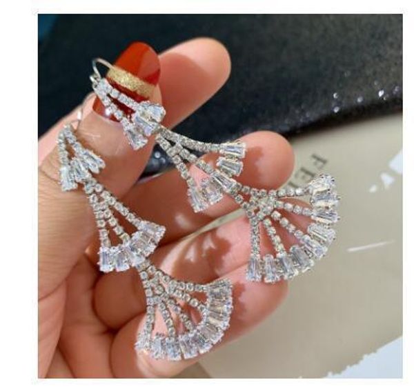 

women luxury zircon earrings hook long personality fan shaped earrings, Silver