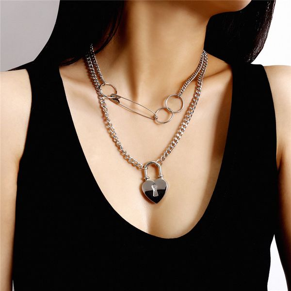 

5pcs/lot europe punk style multi layer necklace hip hop lock pin circular ring snake chain for women pendant necklaces jewelry wholesale, Silver