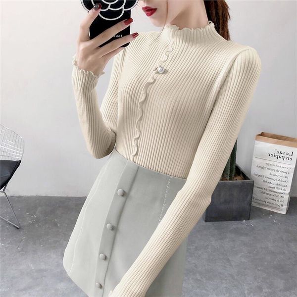 

ladies sweater 2020 fall/winter elastic solid wrinkle sweater ladies slim tight-fitting base knitted pullover slim, White;black