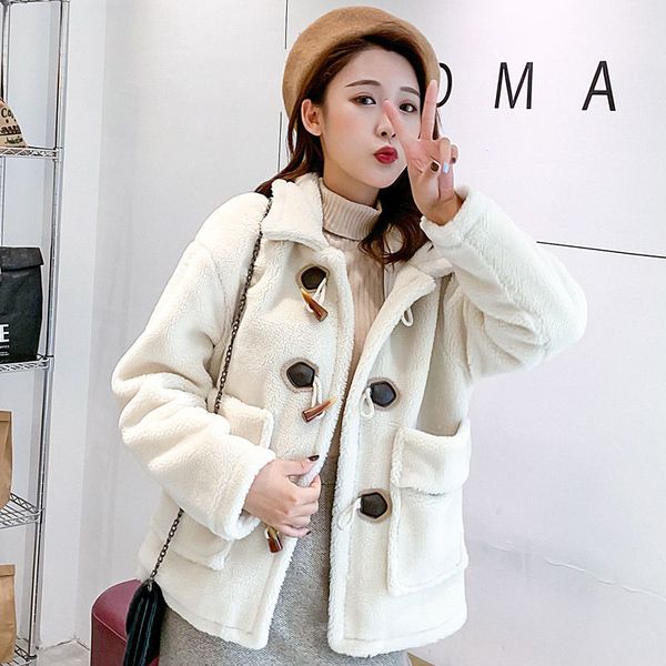 

2020 women winter thicken warm loose faux fur coats jacket ladies soild fake overcoat outwear with horn button t138, Black