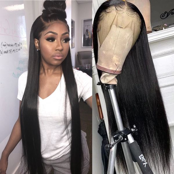 

new hd lace wig straight lace front human hair wigs 150 density remy pre plucked brazilian 360 fulll lace wig, Black