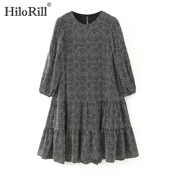 

hilorill 2020 сыпучие o шеи шифон платье женщины горошек рябить мини платье дамы фонарь рукав плиссированные casual short, Black;gray