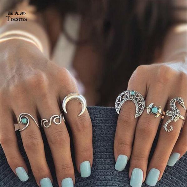 

6pcs/set bohemia silver color moon wave rings set rhinestone knuckle finger midi rings for women party jewelry 4023, Golden;silver