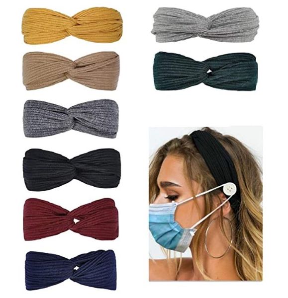 Novas headbands para enfermeiros com botões para máscara faixas de cabelo elástico não deslizante para mulheres knotted boho stretchy criss cross turban headwrap