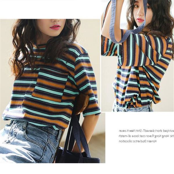 

korean o-neck t shirt women kawaii striped harajuku tshirt summer short sleeve casual loose t-shirts camiseta feminina, White