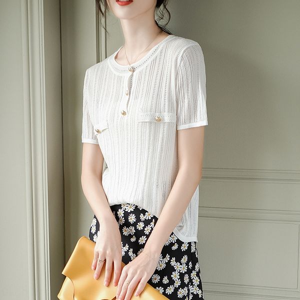 

hollow-out button short sleeve solid color simple women's clothing thin korean style women's button design ice linen gold silk, White
