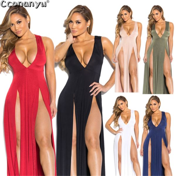 

2020 summer women ladies deep v-neck split dresses sleeveles party asymmetrical floor-length bandage dress, Black;gray
