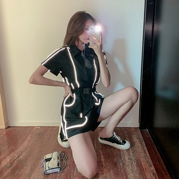 

new women's jumpsuit striped reflective fashion waist jumpsuit with belt women's 2020 summer plus size, Black;white