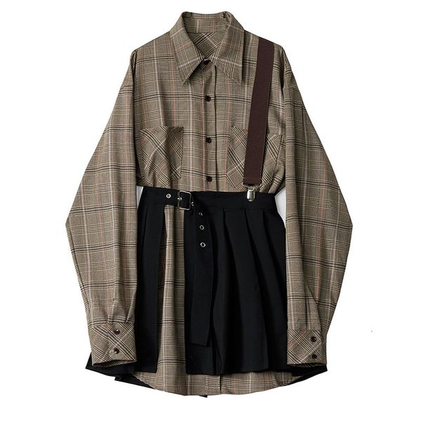 

women plaid pleated split two piece shirt dress new lapel long sleeve loose fit fashion tide spring autumn 2020 1d7110, Black;gray