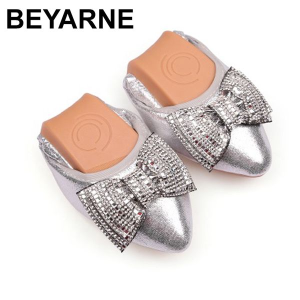

beyarne women dancing flats pointed toe with crystal bow-knot patchwork microfiber shoes breathable black gold silver plus size