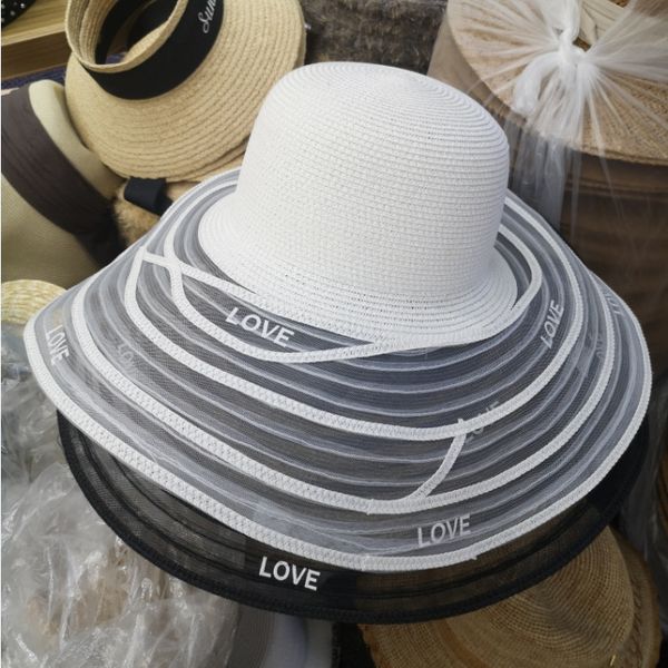

hepburn wind straw big eaves children's white sunscreen straw sunscreen net red hat beach hat for seaside holiday, Blue;gray