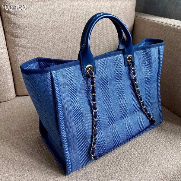 

20s new women's beach shopping bag french high-end custom quality leather spliced canvas large empty tote bag essential for business tr, Blue;gray